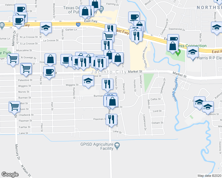 map of restaurants, bars, coffee shops, grocery stores, and more near 1405 Holland Avenue in Houston