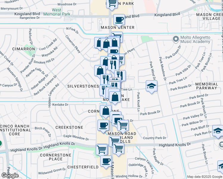 map of restaurants, bars, coffee shops, grocery stores, and more near 1017 South Mason Road in Katy