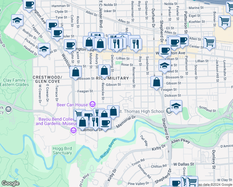map of restaurants, bars, coffee shops, grocery stores, and more near 5404 Feagan Street in Houston
