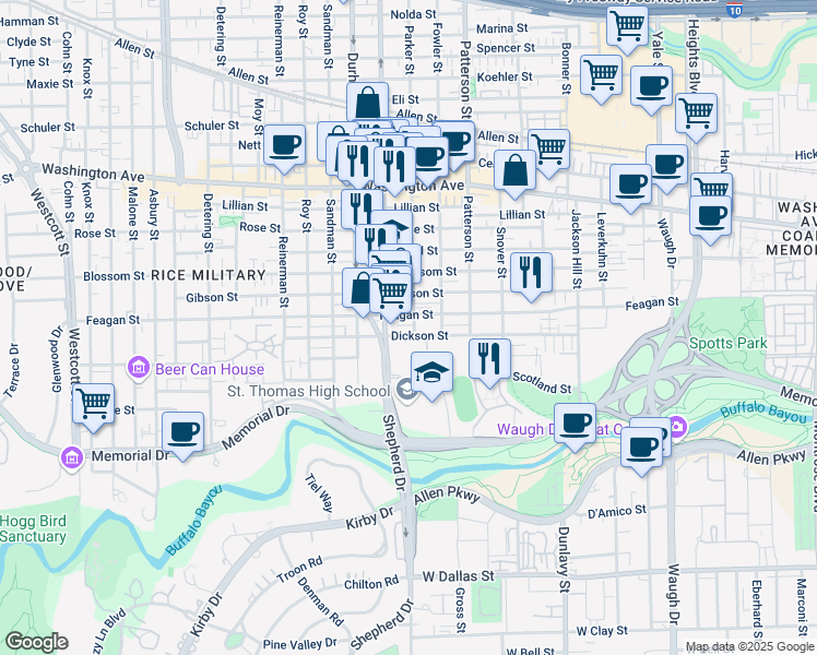 map of restaurants, bars, coffee shops, grocery stores, and more near 309 Parker Street in Houston