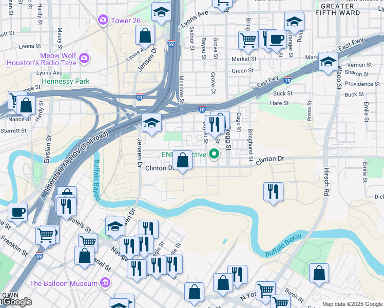 map of restaurants, bars, coffee shops, grocery stores, and more near 349 Sydnor Street in Houston