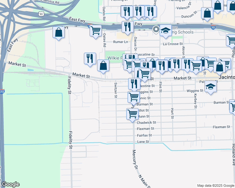map of restaurants, bars, coffee shops, grocery stores, and more near 10134 Palestine Street in Houston