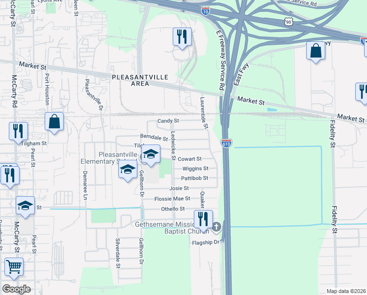 map of restaurants, bars, coffee shops, grocery stores, and more near 8710 Berndale Street in Houston