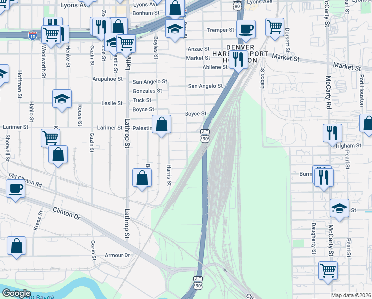 map of restaurants, bars, coffee shops, grocery stores, and more near 7220 Karnes Street in Houston