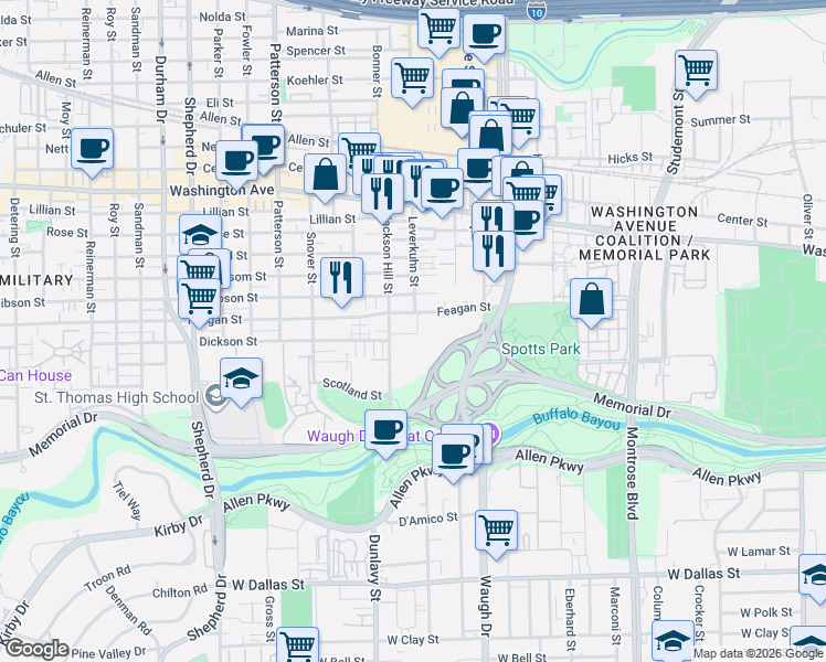 map of restaurants, bars, coffee shops, grocery stores, and more near 510 Jackson Hill Street in Houston
