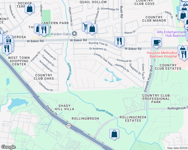 map of restaurants, bars, coffee shops, grocery stores, and more near 4007 Spurwing Lane in Baytown