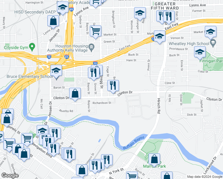 map of restaurants, bars, coffee shops, grocery stores, and more near 324 Cage Street in Houston