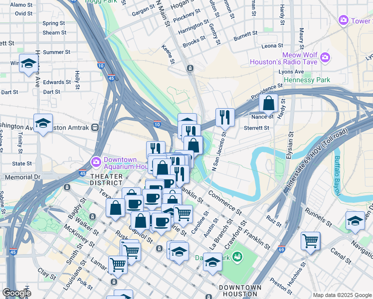 map of restaurants, bars, coffee shops, grocery stores, and more near 1 Main Street in Houston