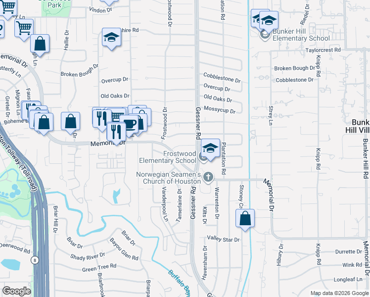 map of restaurants, bars, coffee shops, grocery stores, and more near 12315 Beauregard Drive in Houston
