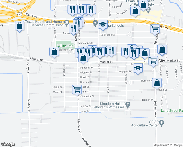 map of restaurants, bars, coffee shops, grocery stores, and more near 10341 Wiggins Street in Houston