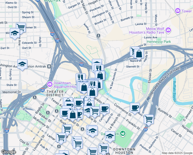 map of restaurants, bars, coffee shops, grocery stores, and more near 1 Main Street in Houston