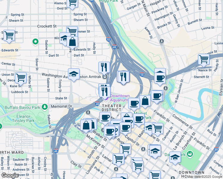 map of restaurants, bars, coffee shops, grocery stores, and more near 1110 Washington Avenue in Houston