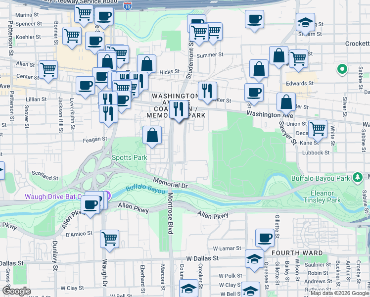 map of restaurants, bars, coffee shops, grocery stores, and more near 616 Memorial Heights Drive in Houston