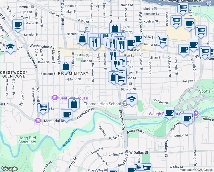 map of restaurants, bars, coffee shops, grocery stores, and more near 5015 Feagan Street in Houston