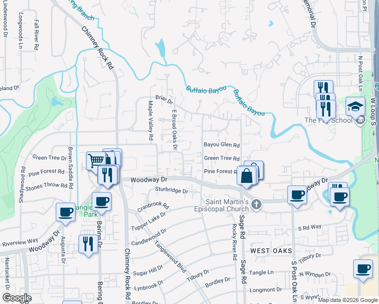 map of restaurants, bars, coffee shops, grocery stores, and more near 24 East Broad Oaks Drive in Houston