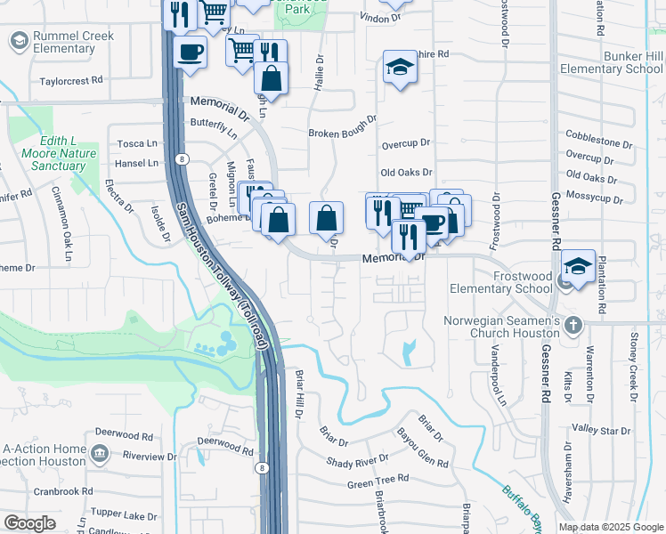 map of restaurants, bars, coffee shops, grocery stores, and more near 12625 Somerset Place in Houston