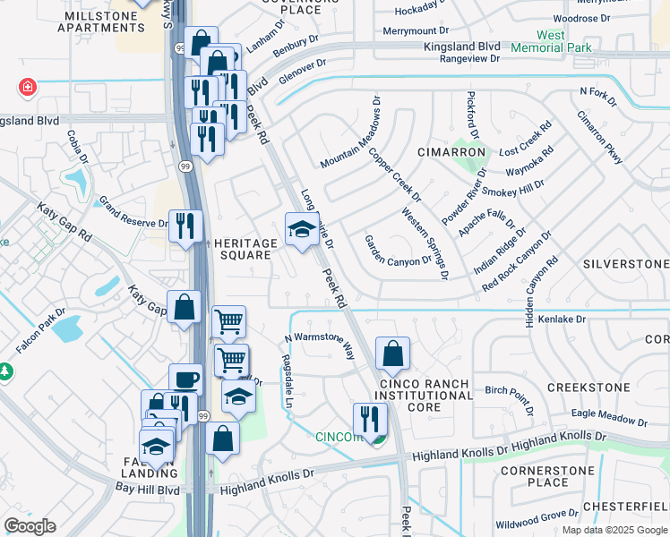 map of restaurants, bars, coffee shops, grocery stores, and more near 1076 South Peek Road in Katy