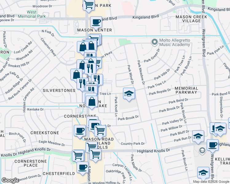map of restaurants, bars, coffee shops, grocery stores, and more near 21658 Park Tree Lane in Katy