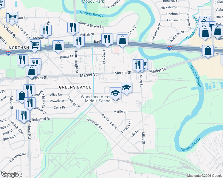 map of restaurants, bars, coffee shops, grocery stores, and more near 12929 Sarahs Lane in Houston