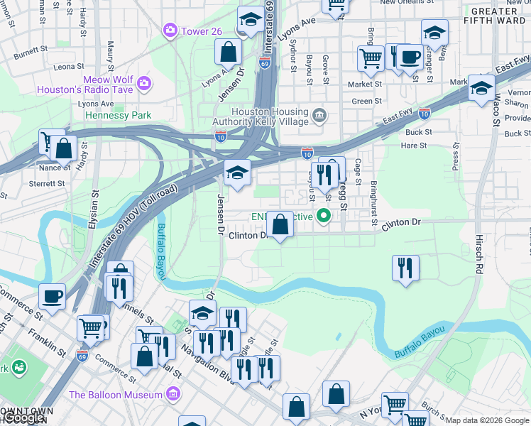 map of restaurants, bars, coffee shops, grocery stores, and more near 421 Meadow Street in Houston