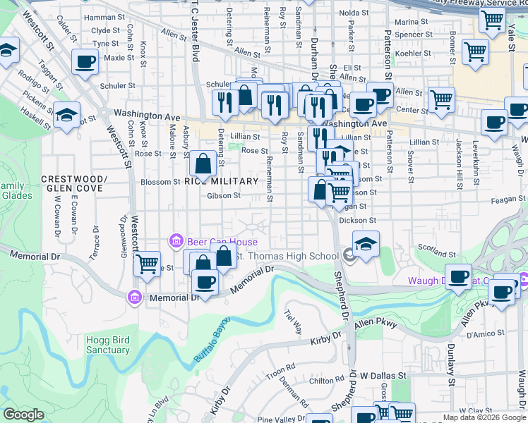 map of restaurants, bars, coffee shops, grocery stores, and more near 5201 Feagan Street in Houston