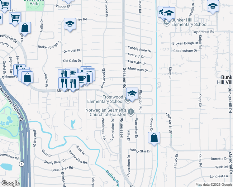 map of restaurants, bars, coffee shops, grocery stores, and more near 12315 Beauregard Drive in Houston