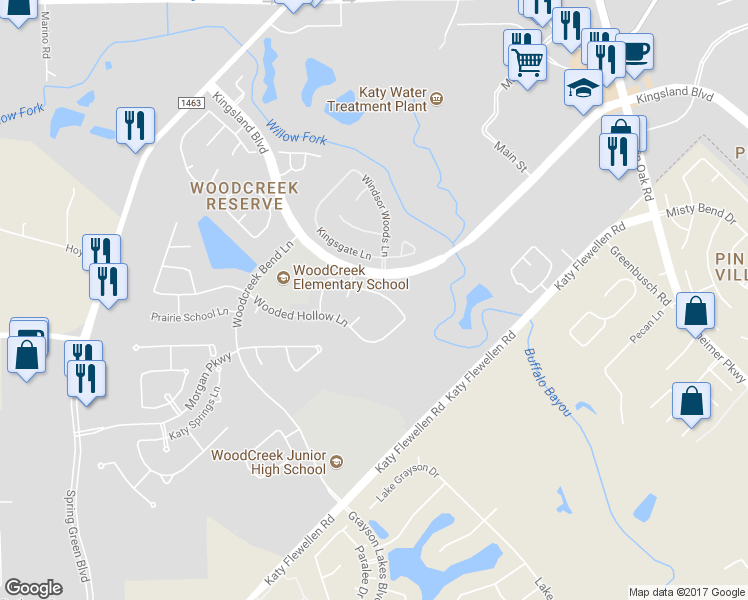 map of restaurants, bars, coffee shops, grocery stores, and more near 26107 Arbor Rose Lane in Katy