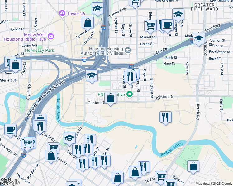 map of restaurants, bars, coffee shops, grocery stores, and more near 365 Sydnor Street in Houston