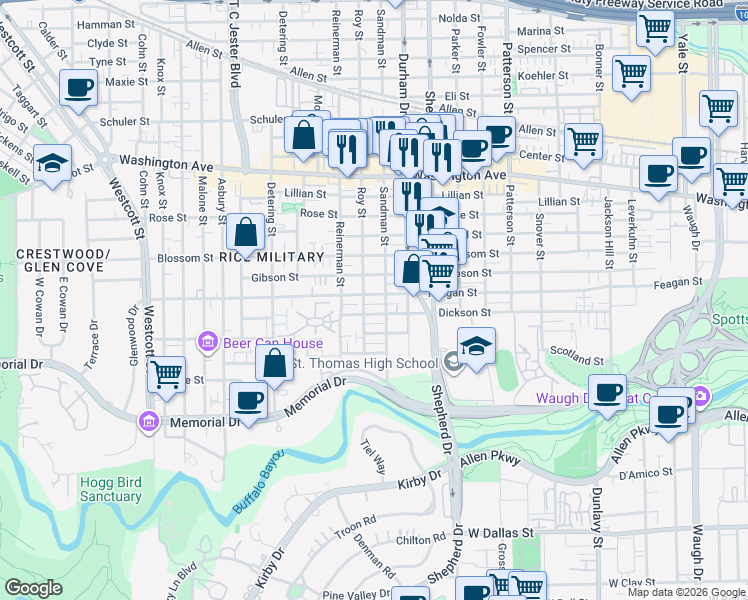 map of restaurants, bars, coffee shops, grocery stores, and more near 5015 Feagan St in Houston