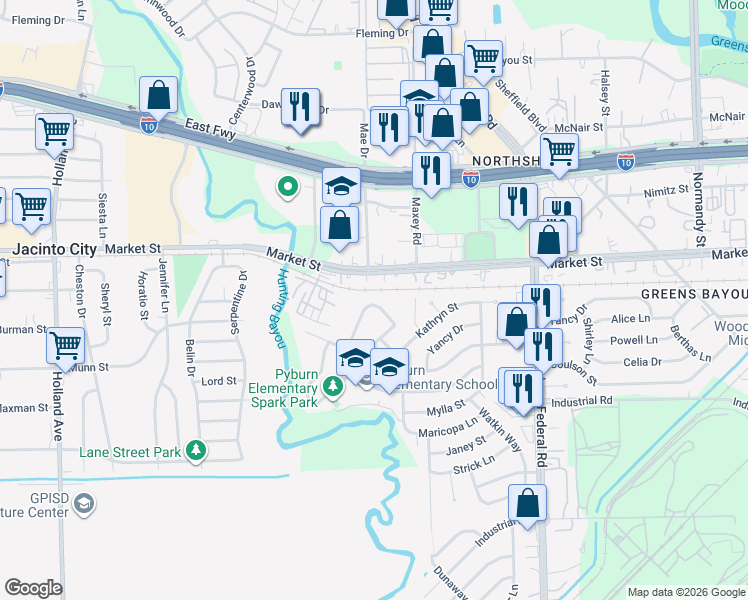 map of restaurants, bars, coffee shops, grocery stores, and more near 12130 Coulson Circle in Houston