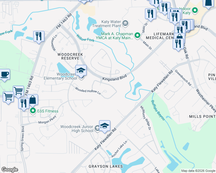 map of restaurants, bars, coffee shops, grocery stores, and more near 26107 Arbor Rose Lane in Katy