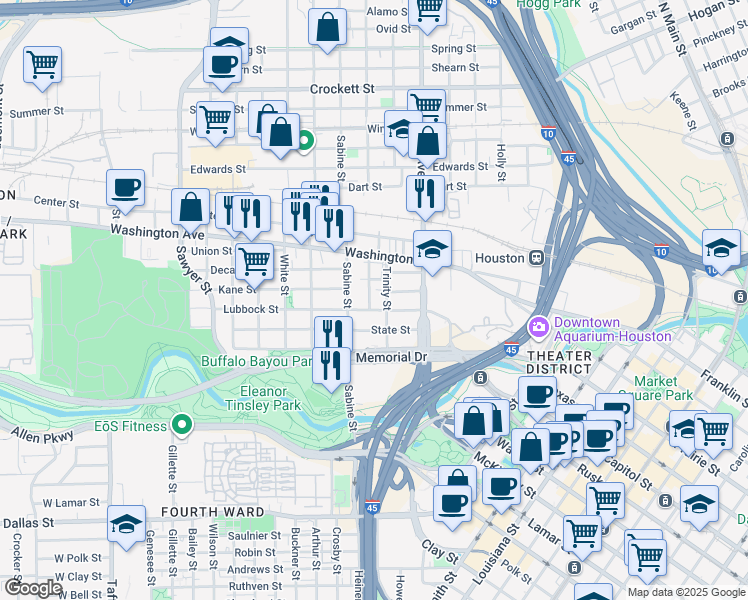 map of restaurants, bars, coffee shops, grocery stores, and more near 1616 Lubbock Street in Houston