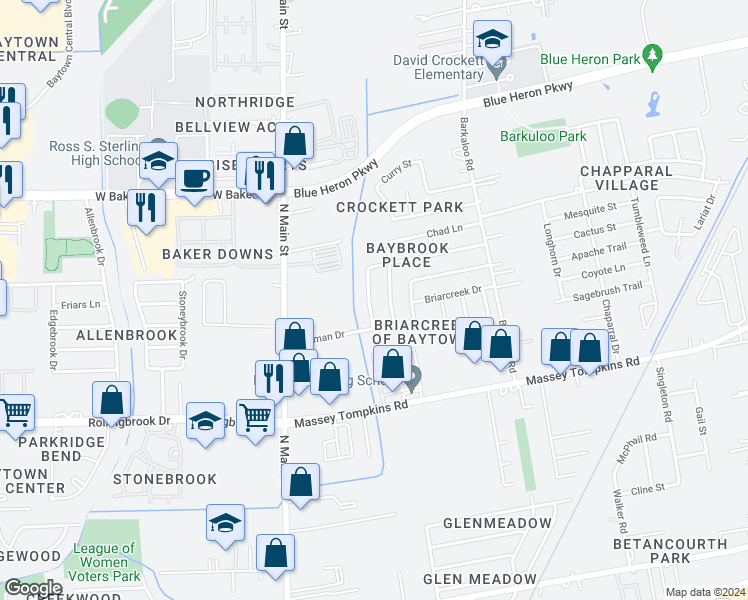 map of restaurants, bars, coffee shops, grocery stores, and more near 810 Chance Lane in Baytown