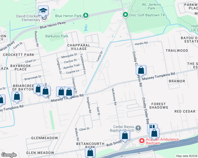 map of restaurants, bars, coffee shops, grocery stores, and more near 3905 Derek Drive in Baytown