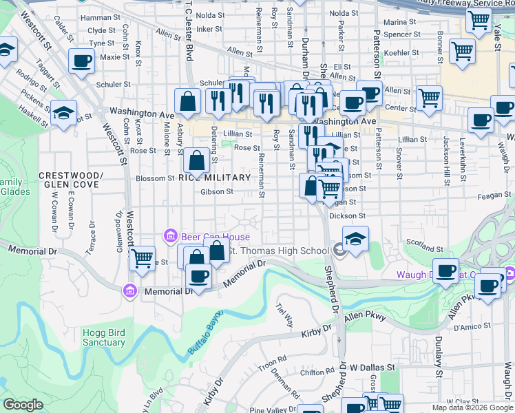 map of restaurants, bars, coffee shops, grocery stores, and more near 5201 Feagan Street in Houston