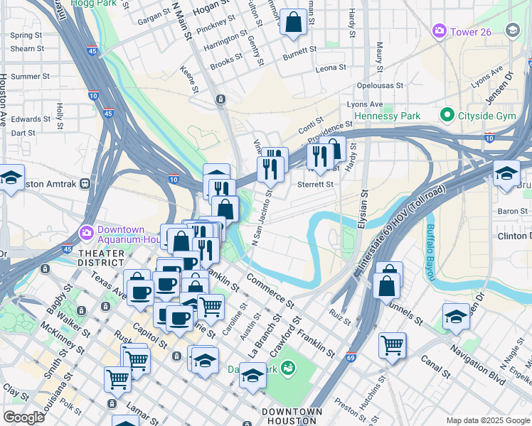 map of restaurants, bars, coffee shops, grocery stores, and more near 810 North San Jacinto Street in Houston