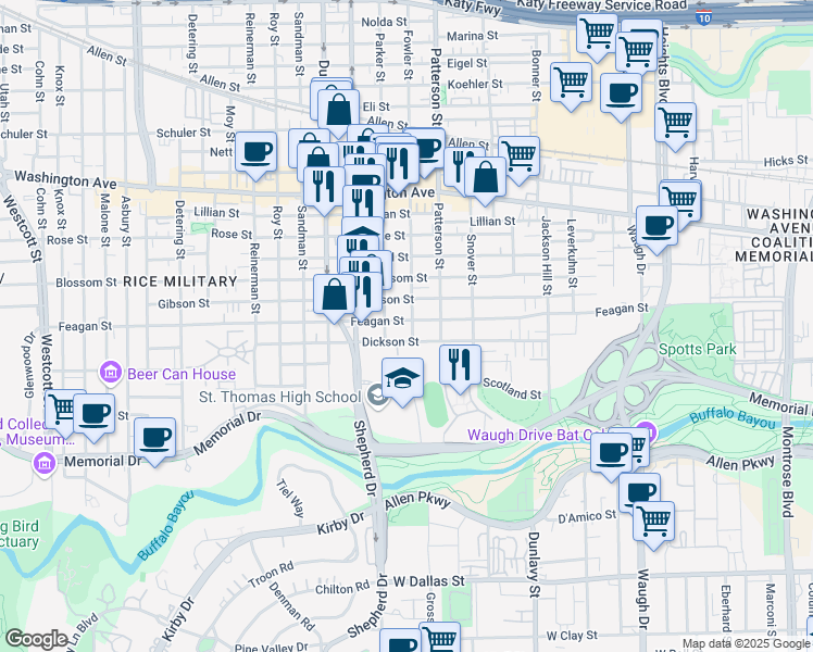 map of restaurants, bars, coffee shops, grocery stores, and more near 4601 Feagan Street in Houston