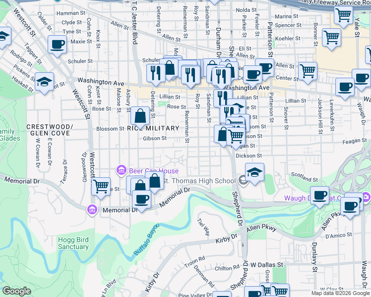 map of restaurants, bars, coffee shops, grocery stores, and more near 5201 Feagan Street in Houston