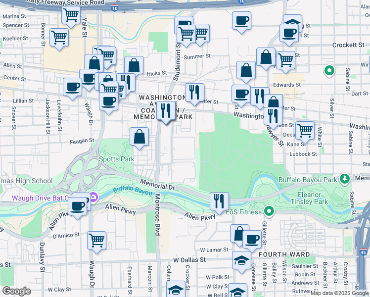 map of restaurants, bars, coffee shops, grocery stores, and more near 1620 Crockett Street in Houston