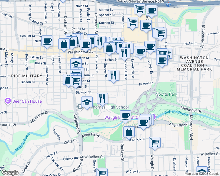 map of restaurants, bars, coffee shops, grocery stores, and more near 4317B Feagan Street in Houston