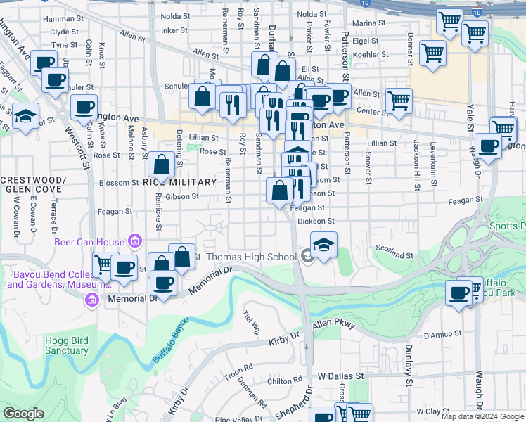 map of restaurants, bars, coffee shops, grocery stores, and more near 5015 Feagan Street in Houston