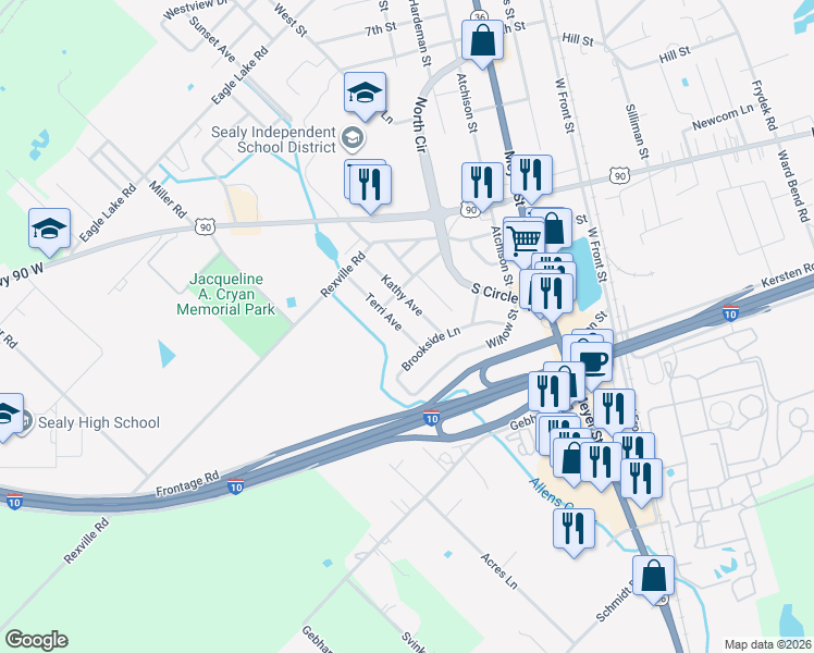 map of restaurants, bars, coffee shops, grocery stores, and more near 1408 Terri Avenue in Sealy