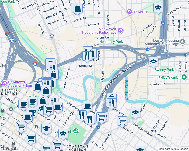 map of restaurants, bars, coffee shops, grocery stores, and more near 622 McKee Street in Houston