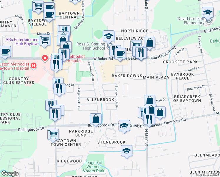 map of restaurants, bars, coffee shops, grocery stores, and more near 608 Meadowlark Lane in Baytown
