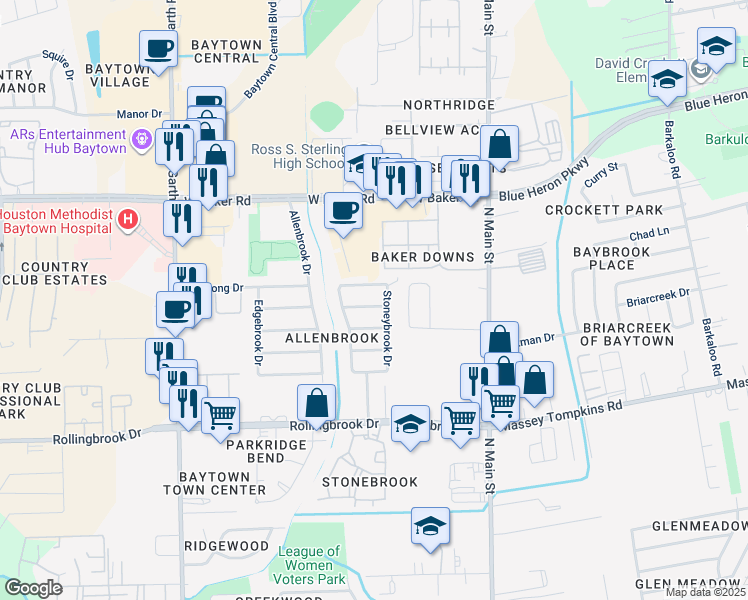 map of restaurants, bars, coffee shops, grocery stores, and more near 608 Meadowlark Lane in Baytown