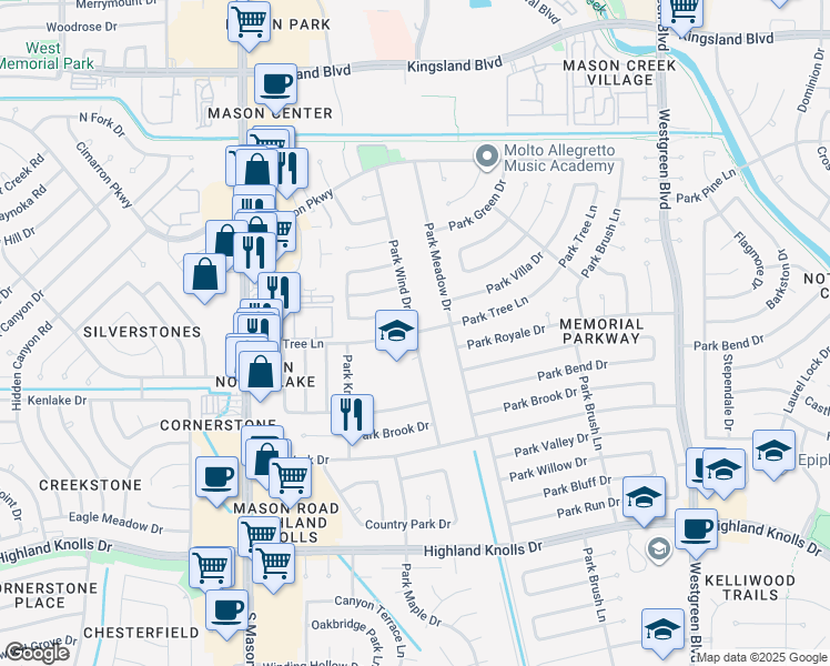 map of restaurants, bars, coffee shops, grocery stores, and more near 21603 Park Tree Lane in Katy
