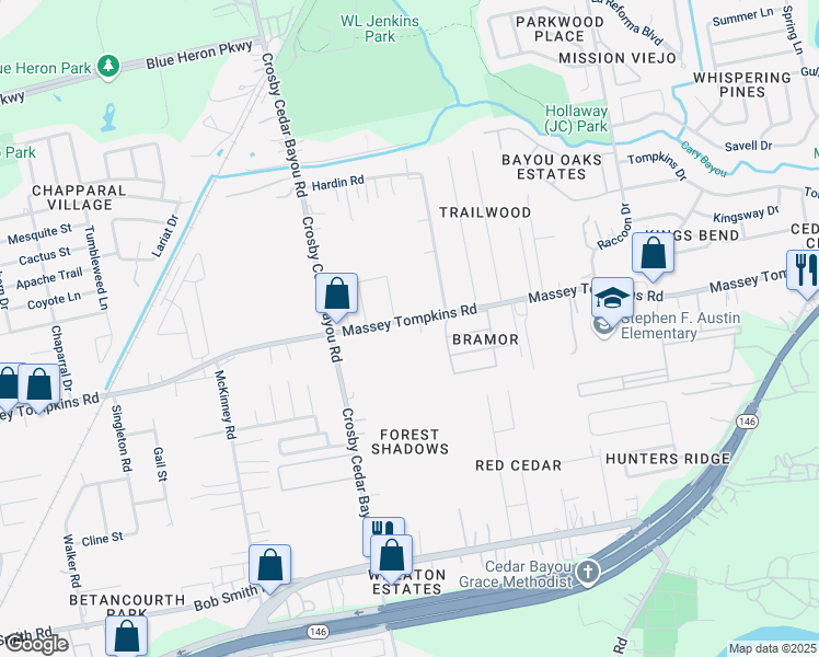 map of restaurants, bars, coffee shops, grocery stores, and more near 2602 Massey Tompkins Road in Baytown
