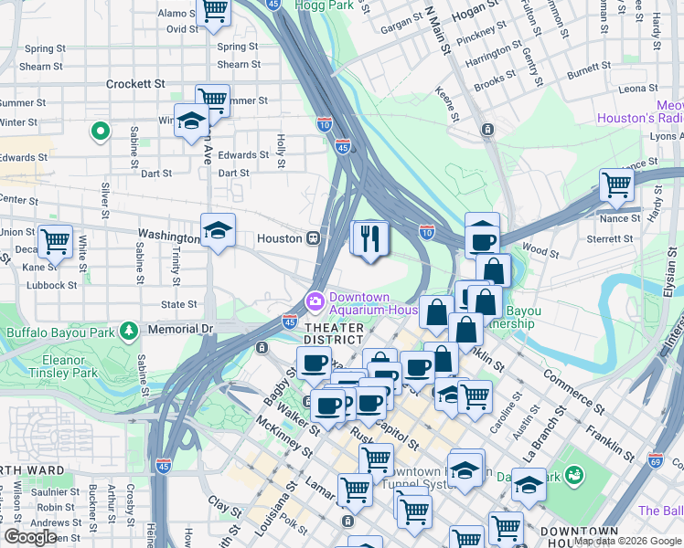 map of restaurants, bars, coffee shops, grocery stores, and more near 117 Bagby Street in Houston