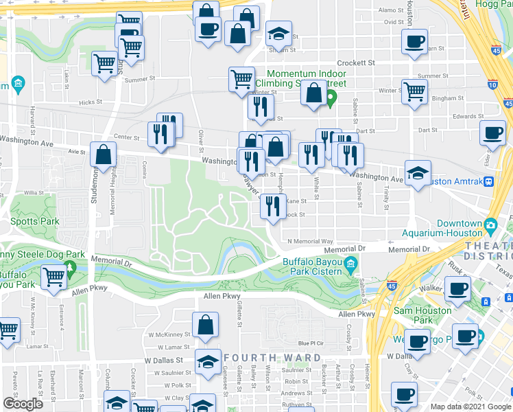 map of restaurants, bars, coffee shops, grocery stores, and more near 2315 Kane Street in Houston