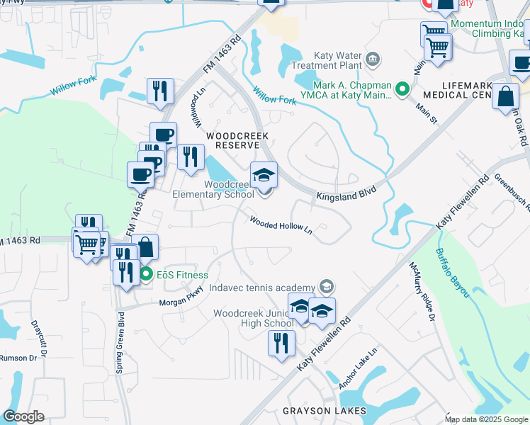 map of restaurants, bars, coffee shops, grocery stores, and more near 1155 Woodcreek Bend Lane in Katy